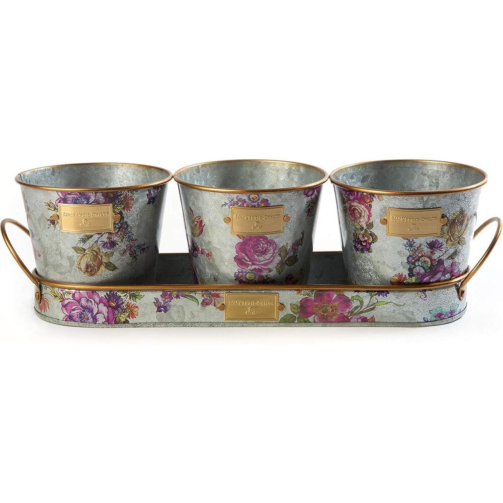Mackenzie Childs Always Flowers Galvanized Metal Herb Pots Set of 3 NEW
